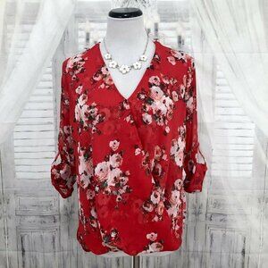 Kut From the Kloth Small Red Floral Jenalee Surplice Blouse Roll Tab Sleeve